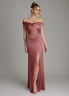Azazie Teyana Bridesmaid Dresses Amethyst Sheath Off the Shoulder Stretch Satin Dress image1