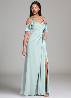Azazie Dakota Bridesmaid Dresses Mist A-Line Off the Shoulder Stretch Satin Dress image1