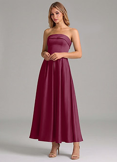 Azazie Lucienne 신부 들러리 드레스 A라인 주름진 스트레치 새틴 발목 길이 드레스 image4