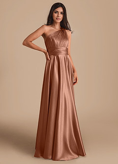 Azazie Charlize Bridesmaid Dresses Bronzer A-Line One Shoulder Metallic Satin Dress image3