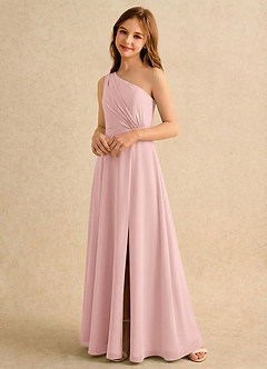 Azazie Puddles Girls Formal Flower Girl Dresses Powder Pink A-Line One Shoulder Chiffon Dress image4