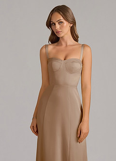 Azazie Amaris Bridesmaid Dresses Taupe A-Line Corset Stretch Satin Dress image5