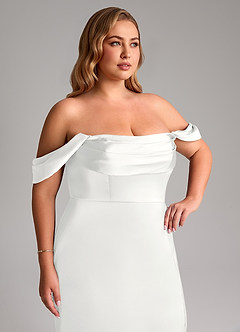 Azazie Saige Bridesmaid Dresses White Sheath Off the Shoulder Stretch Satin Dress image14