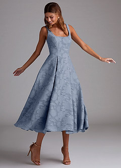 Azazie Amalie Bridesmaid Dresses Dusty Blue A-Line Pleated Floral Burnout Dress image3