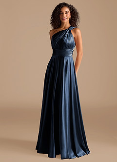 Azazie Charlize Brautjungfernkleider A-Linie One-Shoulder Metallischer Satin Kleid Dunkelmarine image1