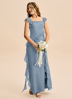 Azazie Aveline Junior A라인 셔링 쉬폰 플로어 길이 주니어 신부 들러리 드레스 image4