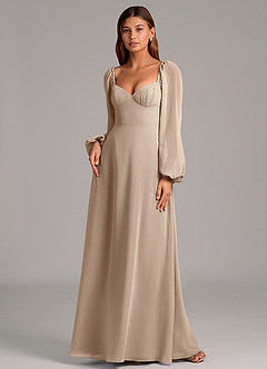 Azazie Annistyn Bridesmaid Dresses Taupe A-Line Long Sleeve Chiffon Dress image4