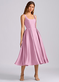 Azazie Amalie Vestidos de damas de honor Vestido de Rosa Caramelo de Satén Elástico de Línea A con Plisado image2