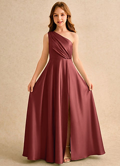Azazie Puddles Girls Formal Flower Girl Dresses Terracotta A-Line One Shoulder Stretch Satin Dress image5