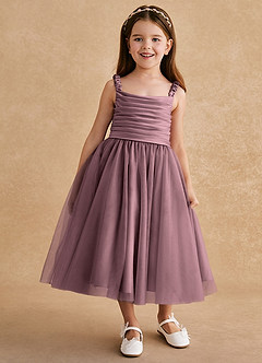Azazie Gabbie Flower Girl Dresses Vintage Mauve A-Line Pleated Matte Satin Dress image1
