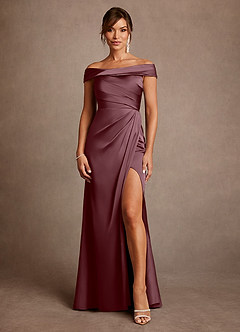 Azazie Bedford Mother of the Bride Dresses Sangria Sheath Pleated Stretch Satin Dress image1
