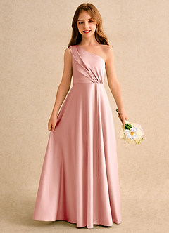 Azazie Puddles Girls Formal Flower Girl Dresses Rosette A-Line One Shoulder Matte Satin Dress image1