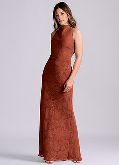 Azazie Evadne Final Sale Terracotta Sheath Pleated Floral Burnout Dress image4