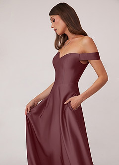 Barbie ♥ Azazie Robes de demoiselle d'honneur Robe Trapèze Convertible en Satin extensible Épaule décolletée Sangria image5