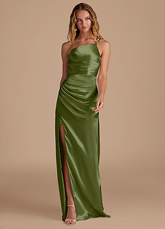 Azazie Eren Bridesmaid Dresses Olive Sheath One Shoulder Metallic Satin Dress image3