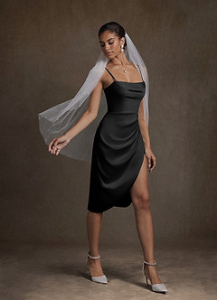 Azazie Katiya Wedding Dresses Black Sheath Cowl Neckline Pleated Stretch Satin Dress image10