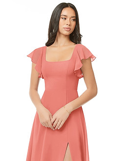 Azazie Bondi Vestidos de damas de honor Vestido de Rosa Salmón de Gasa de Corte en A con Volante image4
