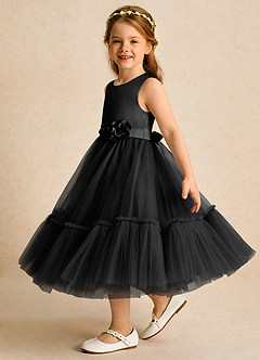 Azazie Miracle Robe Demoiselle D'honneur Fillette Robe Trapèze en Mat Satiné Arc Noir image3