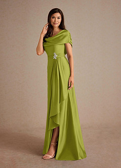 Azazie Branford Mother of the Bride Dresses Lemongrass A-Line Pleated Stretch Satin Dress image2
