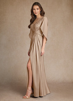 Azazie Hera Mother of the Bride Dresses Taupe A-Line Lace Stretch Satin Dress image2