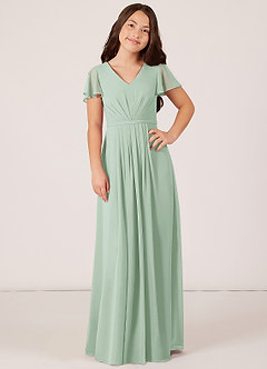 Azazie Peony Junior Agave A-Line Pleated Chiffon Dress image1