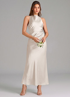 Azazie Evadne Vestidos de damas de honor Vestido Alabastro Blanco de Satén Elástico de Corte Recto con Plisado image3