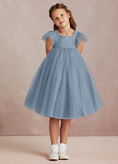 Azazie Kalio Flower Girl Dresses Dusty Blue A-Line with Sleeves Tulle Dress image2