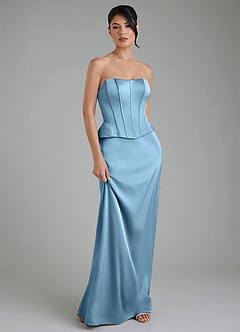 Azazie River At-home Try On Dresses Steel Blue Sheath Corset Stretch Satin Convertible Dress image6