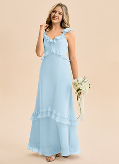 Azazie Tavie Junior Vestido de Azul Cielo de Gasa de Corte en A con Volante image1