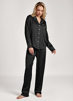 front Satin Lurex Trim Long Sleeve Pajama Set