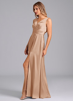 Azazie Karina Robes de demoiselle d'honneur Robe Trapèze en Satin extensible Plissée Rose Perle image3