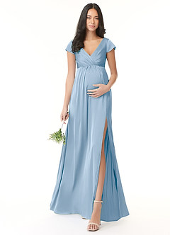 Azazie Allessia Robes de demoiselle d'honneur de maternité Robe Trapèze Plissée Longueur ras du sol Satin extensible image1