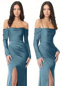 Azazie Hallie Vestidos de damas de honor Vestido de Bermudas de Satén Elástico de Corte Recto Convertible con Manga larga con hombros descubiertos image9