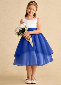 Azazie Rene Flower Girl Dresses Ivory Royal Blue A-Line Bow Tulle Dress image3
