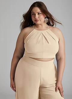 Azazie Kenzi Bridesmaid Dresses Champagne Pleated Chiffon Jumpsuit image11