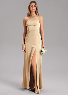 Azazie Feby Jurken voor bruidsmeisjes Jurk van Stretch Satijn met A-Lijn One-Shoulder Champagne image1