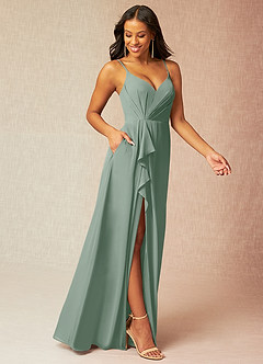 Azazie Kyedae Brautjungfernkleider A-Linie V-Hals Gefaltet Chiffon Kleid Silberner Salbei image3