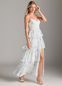Azazie Kaiden Bridesmaid Dresses Blue Vintage Floral A-Line Sweetheart Neckline Chiffon Dress image4
