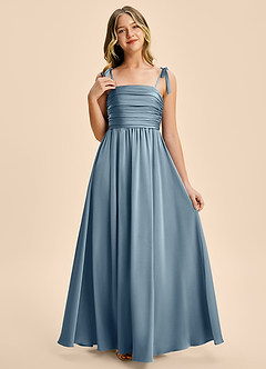 Azazie Jayden Junior Vestido Azul Polvoriento de Satén Elástico de Corte en A con Plisado image5