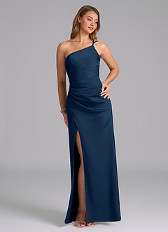 Azazie Eren Bridesmaid Dresses Dark Navy Mermaid One Shoulder Stretch Satin Dress image4