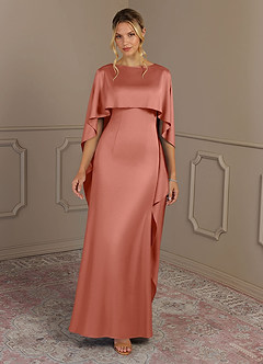 Azazie Eli Mère de la mariée Robes Robe Fourreau en Satin extensible Col de bateau Rose Saumon image4