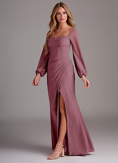 Azazie Charissa Bridesmaid Dresses Vintage Mauve Sheath Long Sleeve Chiffon Dress image4