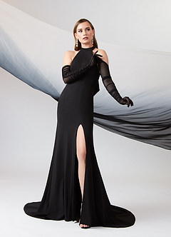 Azazie Aerith Wedding Dresses Black Sheath Bow Stretch Crepe Dress image5