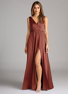 Azazie Tanicia Bridesmaid Dresses Auburn A-Line Pleated Stretch Satin Dress image1