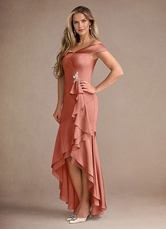 Azazie Billings Mother of the Bride Dresses Salmon Pink Mermaid Off the Shoulder Stretch Satin Dress image2