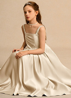 Azazie Mochi Girl Abiti da Ragazza di Fiori Abito Principessa in Raso Opaco Plissettato Champagne image3