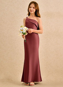 Azazie Almond Girls Formal Jurken voor bloemenmeisjes Kokerjurk Jurk van Stretch Satijn One-shoulder Terracotta image3
