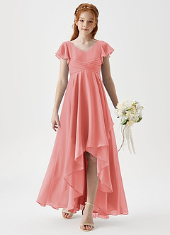 Azazie Caria Junior Coral A-Line Pleated Chiffon Dress image3