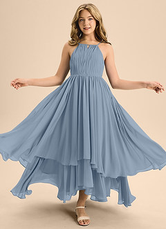 Azazie Elliora Junior Abito A-Line in Chiffon Plissettato Blu Polveroso image5