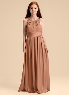 Azazie Bibiane Junior Abito A-Line in Raso Elasticizzato Plissettato Bronzo image3